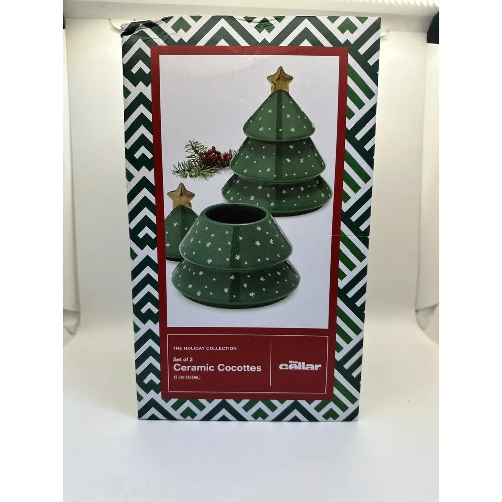 The Cellar Holiday 2-Pc Tree Stoneware Cocottes‎ Set 12.3 oz Festive Christmas